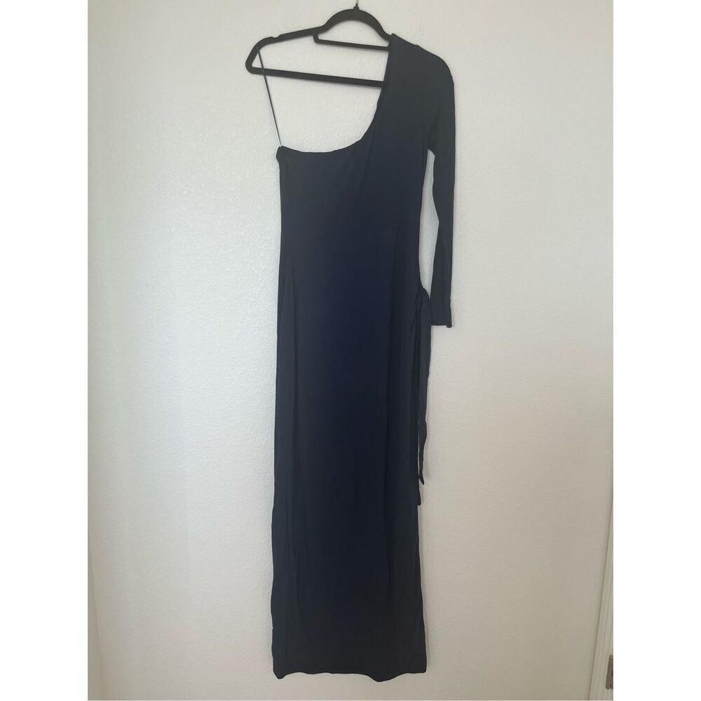 Naked Wardrobe Navy One Shoulder Midi Dress Long Sleeve Side Tie Bodycon XL NEW